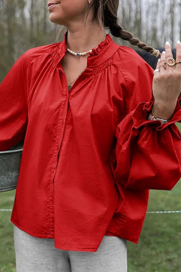 Solid Color V-neck Ruffled Lantern Sleeve Loose Casual Shirt