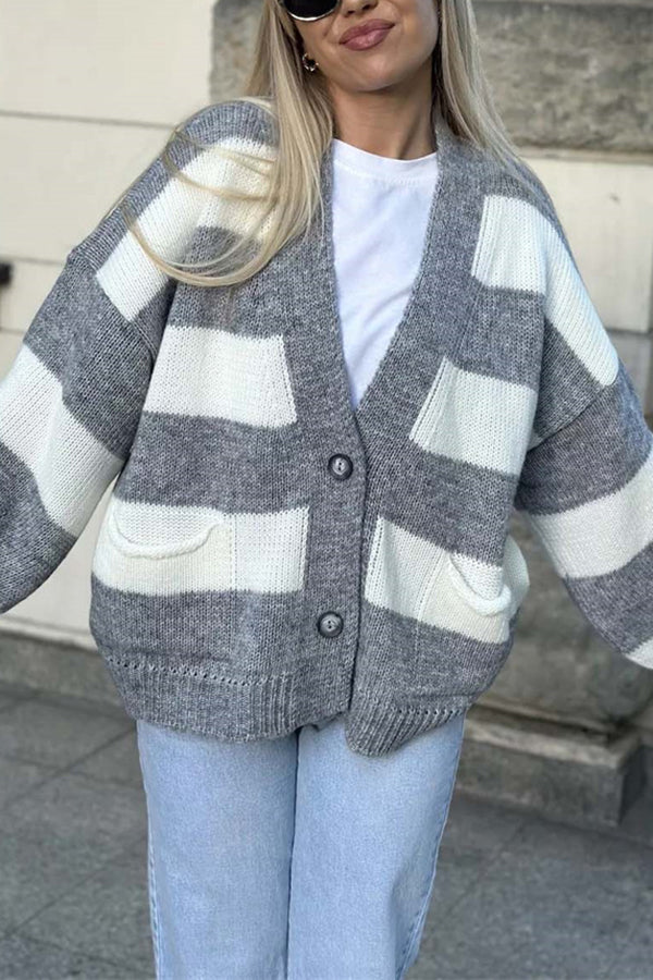 Casual V-neck Long-sleeved Striped Pocket Knitted Cardigan