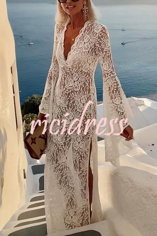 Dream Love Floral Lace Bell Sleeve V-neck Slit Maxi Dress