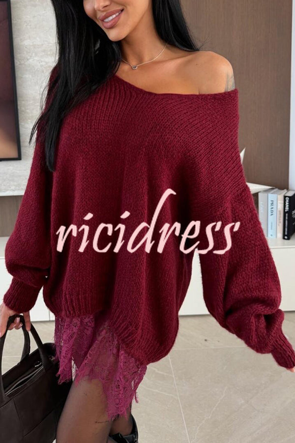 Comfy and Sweet Knit Lace Patchwork Hem Wide Neck Long Sleeve Loose Sweater