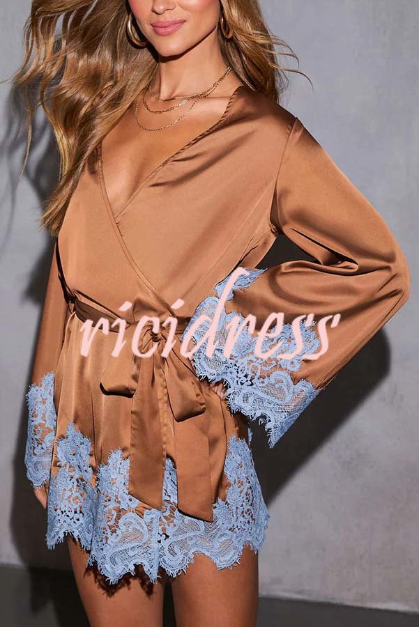 Joyful Bond Satin Lace Trim Contrast Color Bell Sleeve Tie-up Kimono Mini Dress