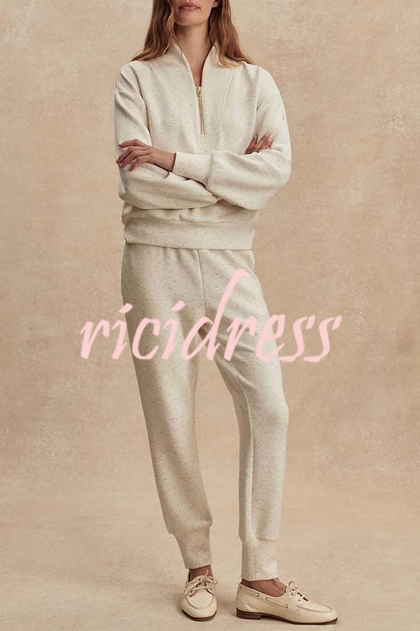 Ivory Marl Fleck Half-Zip Neck Long Sleeve Sweatshirt and Elastic Waist Pocket Jogger Set
