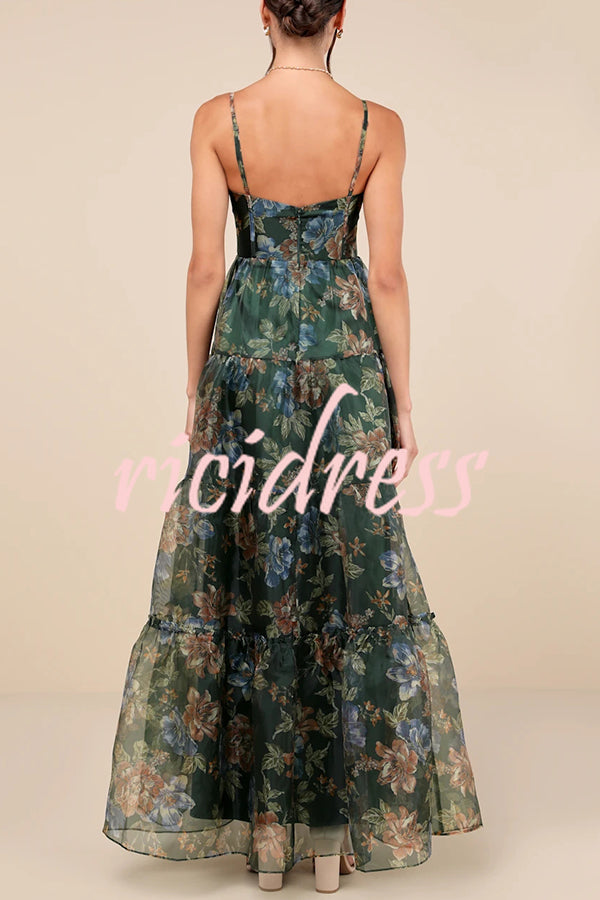 Exclusive Glamour Organza Floral Print Tiered Slip Maxi Dress
