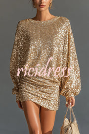 Glow Season Sequin Long Lantern Sleeve Ruched Hip Loose Mini Dress