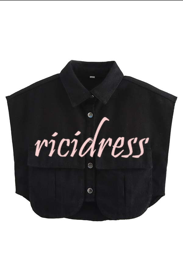 Stylish Weekend Denim Button Up Cape Sleeve Pocket Crop Top