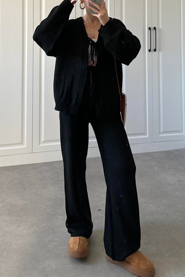 Solid Color V-neck Tie Long-sleeved Loose Knit Cardigan and Elastic Waist Casual Straight Leg Pants Set