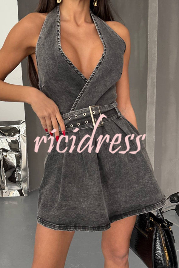Fashionable Halterneck Open-back Belted Denim Mini Dress
