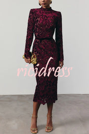 Diane Velvet Embroidered Floral Lace Long Sleeve Belt Scallop Edge Midi Dress