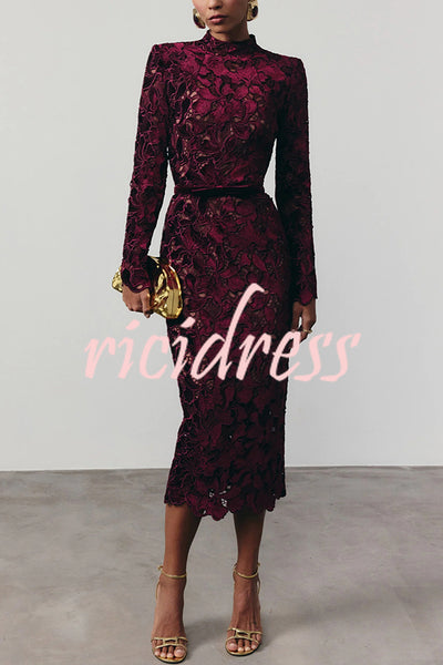 Diane Velvet Embroidered Floral Lace Long Sleeve Belt Scallop Edge Midi Dress