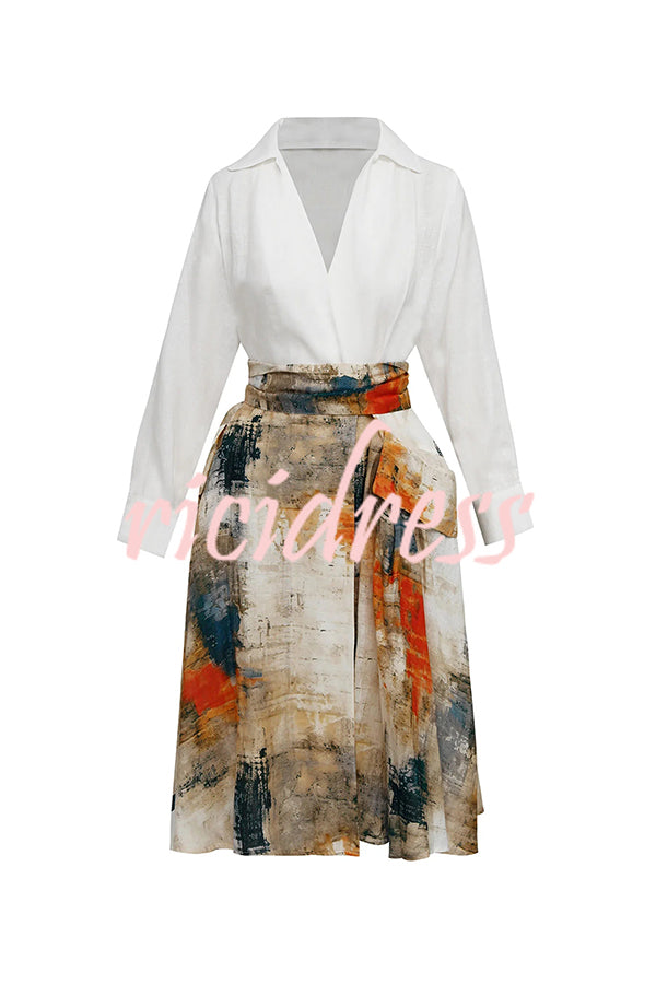 Jiles Linen Blend Unique Contrast Print Long Sleeve Tie-up Pocket Shirt Midi Dress