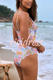 Plants Flowers Print Stretch One-piece Swimsuit