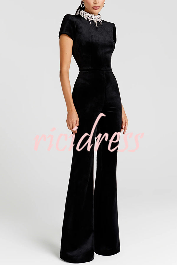 Lucia Luxurious Velvet Jewel-encrusted Turtleneck Short Sleeve Flare Stretch Jumpsuit
