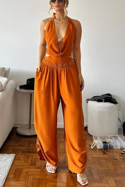 Alessia Cutout Waist Back Tie-up Pocket Halter Harem Jumpsuit