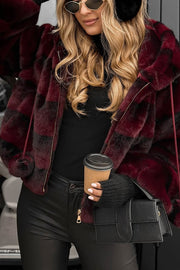 Winter Latte Gradient Print Ribbed Balloon Sleeve Hooded Loose Plush Coat
