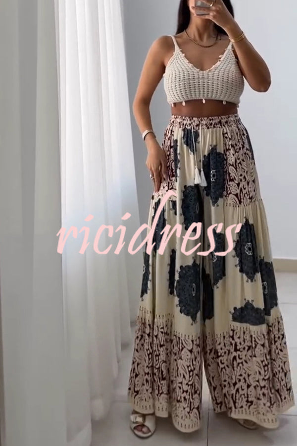 Unique Print Elastic High Waist Tie Pocket Holiday Style Wide Leg Pants