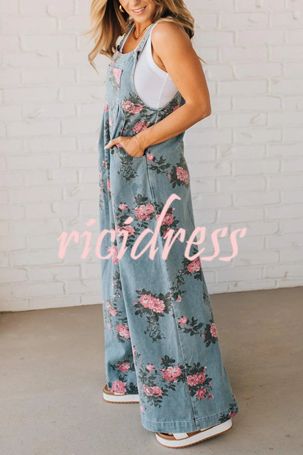 Fashion Floral Print Casual Button Pocket Loose Denim Overalls