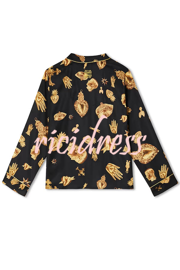 Golden Night Unique Print Color-block Trim Loose Shirt and Elastic Waist Pocketed Pajama Set