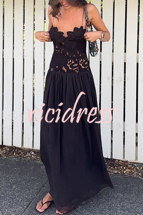 Stephanie Flower Crochet Lace Bust Chiffon Fluffy Hem Maxi Dress