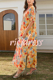 Floral Print V-Neck Lace-Up Loose Holiday Cover-Up Maxi Dress