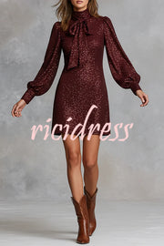 Gift for Me Sequin High Neck Bow Tie Long Lantern Sleeve Party Mini Dress