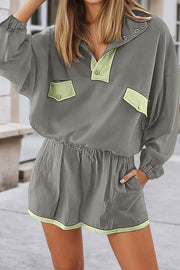 Fashion Contrast Color Stitching Stand Collar Long Sleeve Top and Elastic Waist Loose Pocket Shorts Set