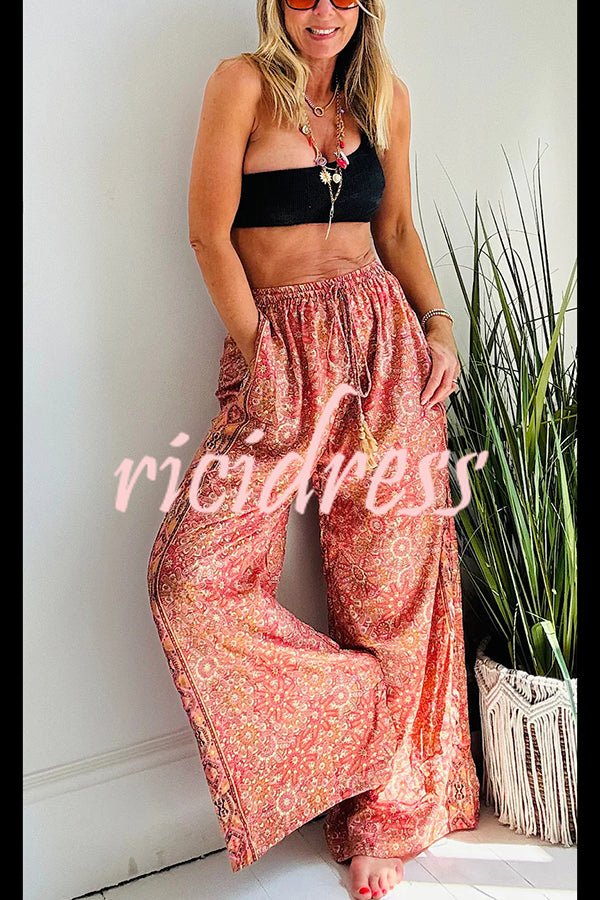 Vintage Boho Ethnic Print High Rise Elastic Drawstring Waist Pocketed Loose Pants