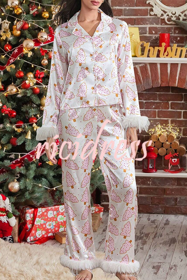 Christmas Print Feather Trim Elastic Waist Pocket Pajama Set