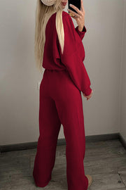Solid Color Long-sleeved Zip-up Sports Jacket and Casual Elastic Waist Pocket Pants Set