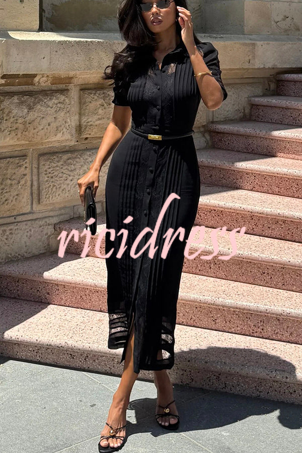 Lysette Lace Trim Pleated Button Up Short Sleeve Shirt Midi Dress
