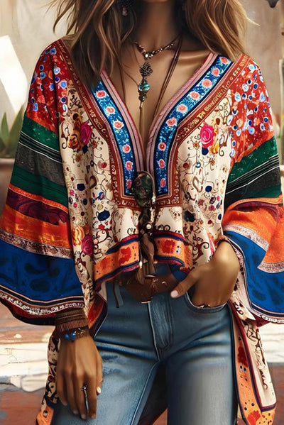 Unique Printed V-neck Flared Sleeve Loose Casual Top