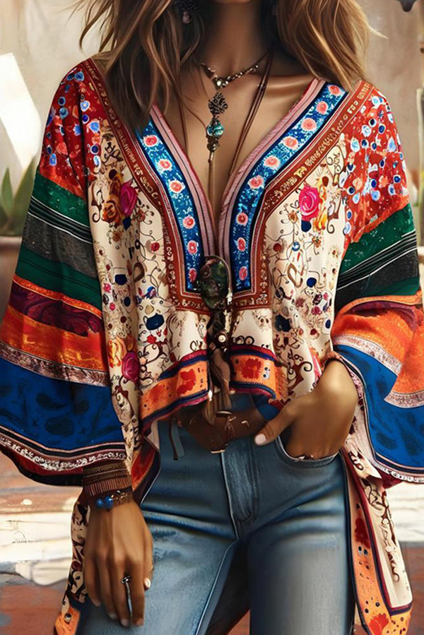 Unique Printed V-neck Flared Sleeve Loose Casual Top