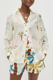 Linen Blend Resort Coconut Palm Print Long Sleeve Lapel Shirt and Elastic Waist Casual Pocket Shorts Set