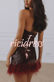 Chic City Sequin Faux Fur Trim Halter Tie-up Mini Dress