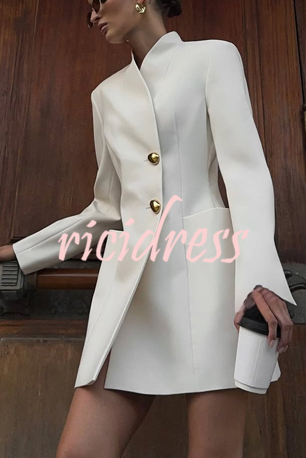 Kayleen Stand V-neck Decorative Metal Button Long Sleeve Pocket Blazer Mini Dress