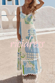 Darla Linen Blend Ric Rac Trims Unique Print Back Tie-up Maxi Dress