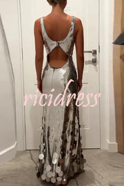 Party Tips Sequin Irregular Round Tassels Hem Back Cutout Tank Maxi Dress