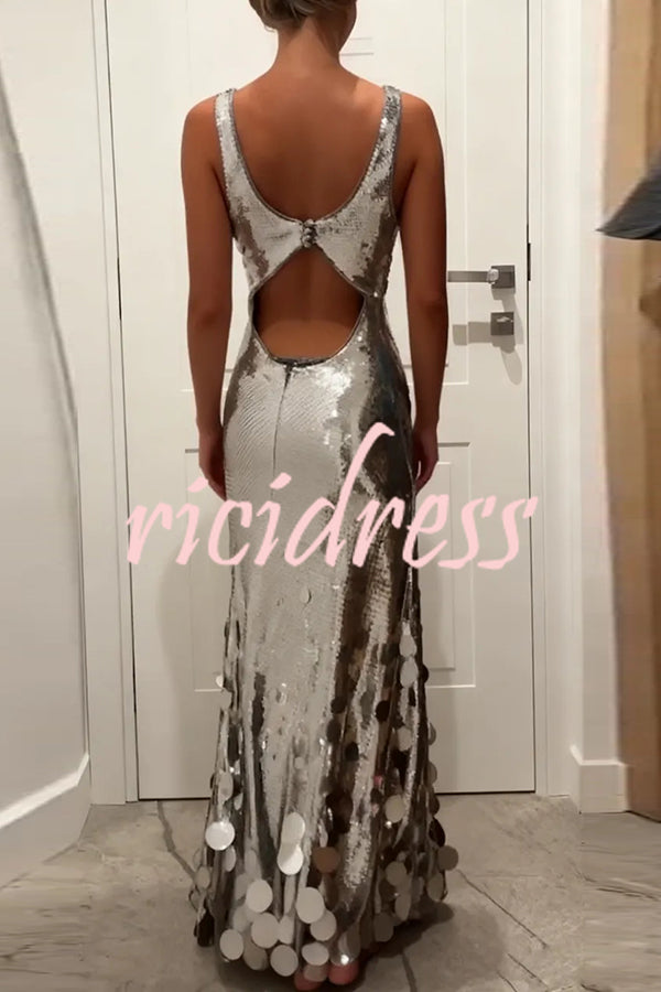 Party Tips Sequin Irregular Round Tassels Hem Back Cutout Tank Maxi Dress