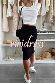 Perfect Basics Ribbed Knit Elastic Waistband Stretch Midi Skirt