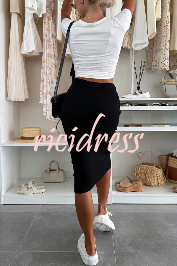 Perfect Basics Ribbed Knit Elastic Waistband Stretch Midi Skirt