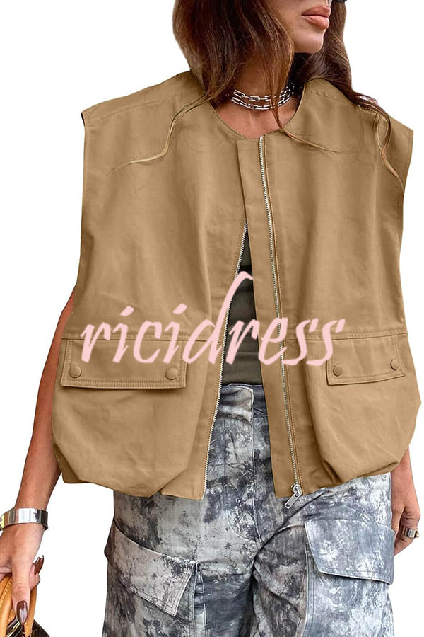 Fashion Zipper Sleeveless Pocket Loose Vest Jacket