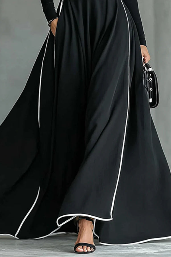 Stylish Color-blocked Trim High-neck Long-sleeved Casual Pockets Maxi Dress