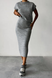 Triko Knit Short Sleeve Sweater and Stretch Ribbed Midi Skirt Set