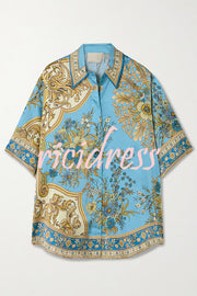 Satin Floral Print Loose Shirt and Elastic Waist Pocket Casual Wide-leg Pants