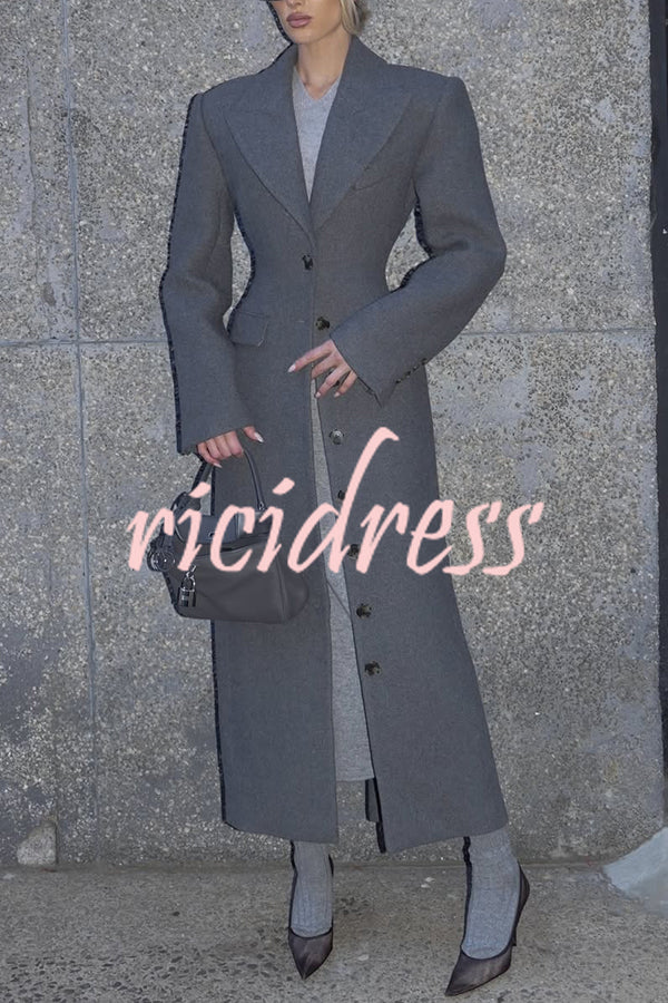 Elegant Lapel Long Sleeve Button High Waist Long Coat