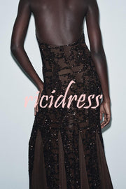 Twilight Gleam Sequin Textured Tulle Hem Halter Backless Maxi Dress