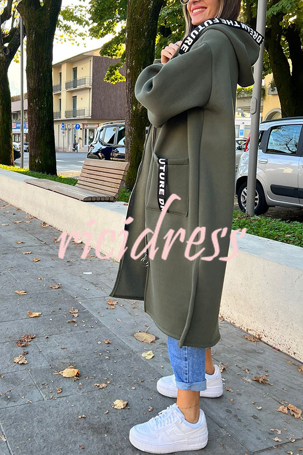 Fashionable and Casual Hooded Zipper Pocket Loose Long Coat