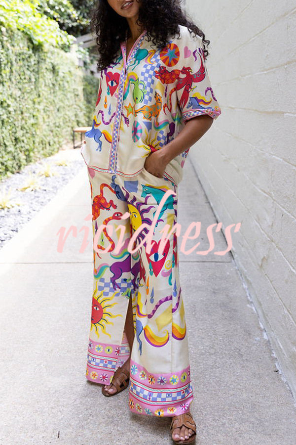 Colorful Vibes Satin Unique Print Short Sleeve Loose Shirt and Elastic Waist Pocket Slit Pants Set