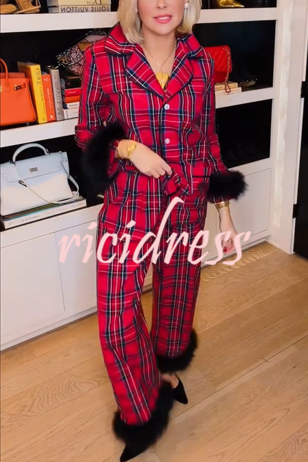 Holiday Time Plaid Contrast Feather Sleeve Pocket Shirt and Elastic Waist Pajama Set