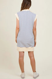 Striped Print Zipper Lapel Sleeveless Casual Mini Dress