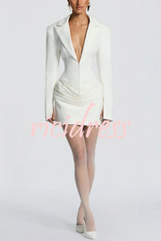 Solid Color Slim-fit V-neck Elegant Draped Formal Mini Dress